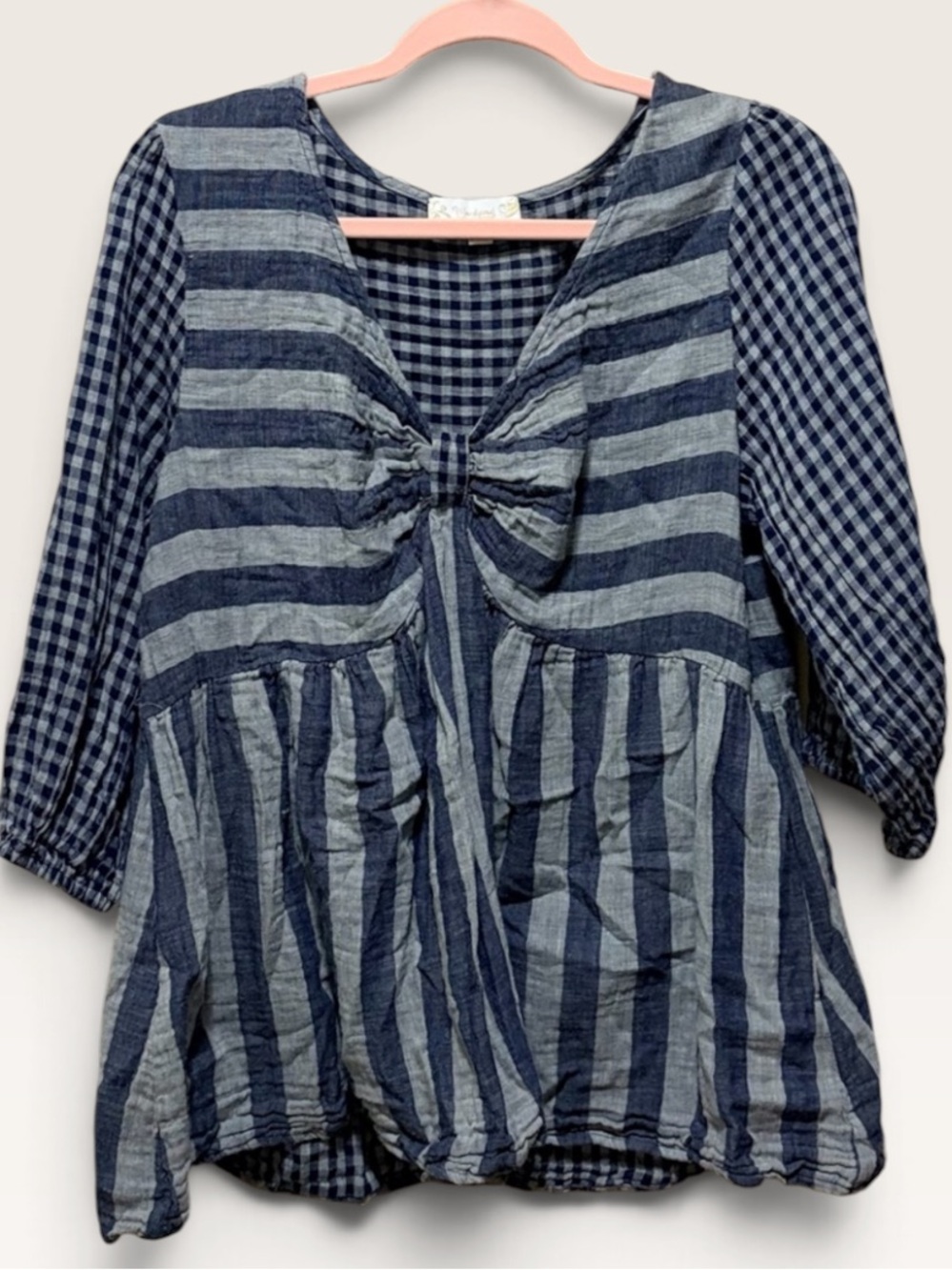 100% Cotton Weekend Suzanne Betro XL Blue Gingham Striped Babydoll Blouse